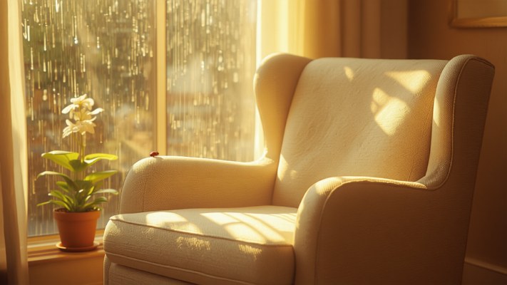 An empty chair by a rain-streaked window in a quiet room