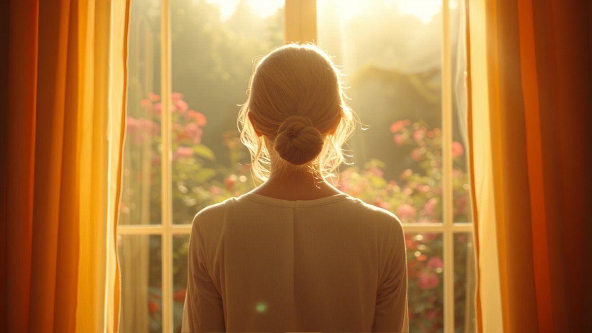 A silhouette of someone looking out a window, face unseen