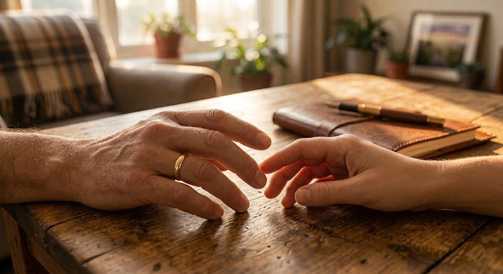 Two hands, one gently letting go