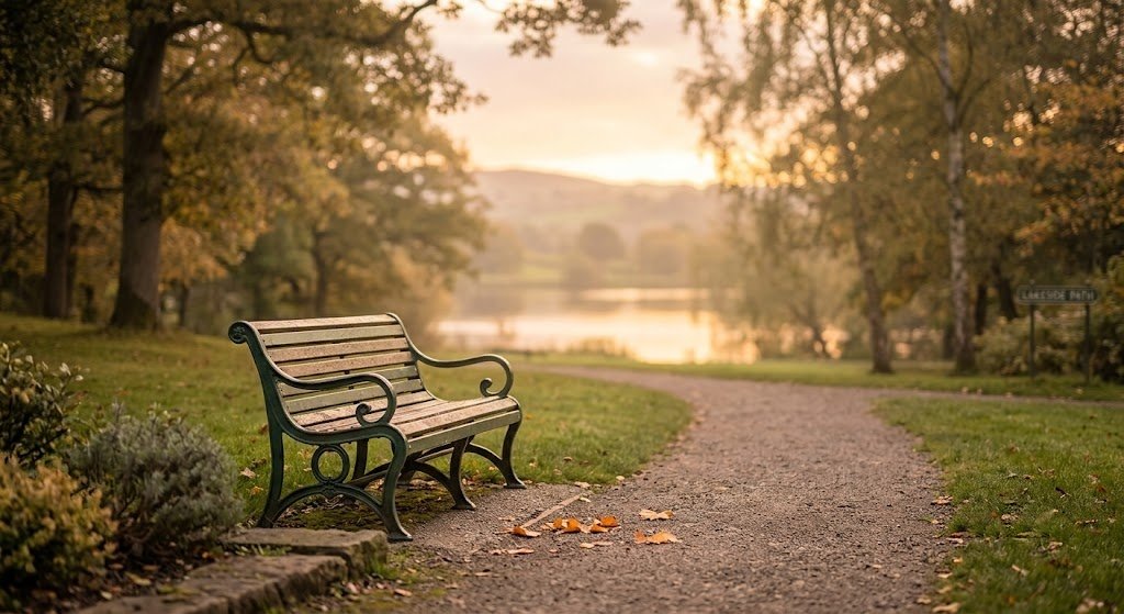 A solitary park bench in quiet light